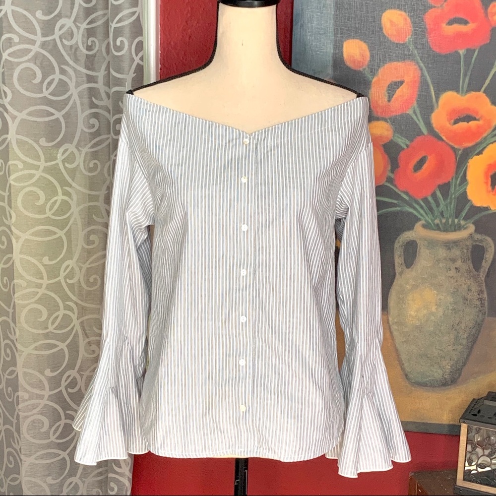 Umgee gray/white pinstripe off-shoulder blouse